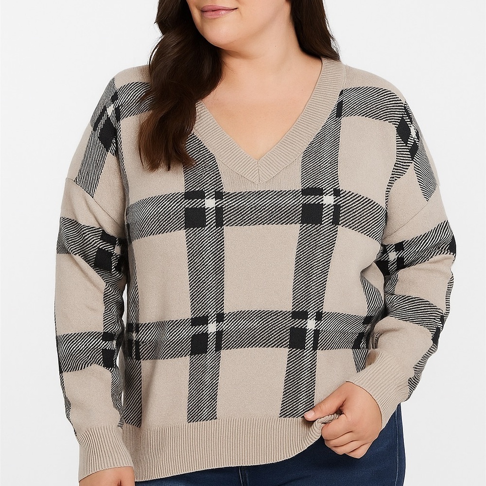 Women’s Max Studio V-Neck Plaid Sweater Plus Size
